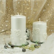 Stumpen Kerzen Perlmutt mit Herzen 7x10 und 7x14cm Weiß