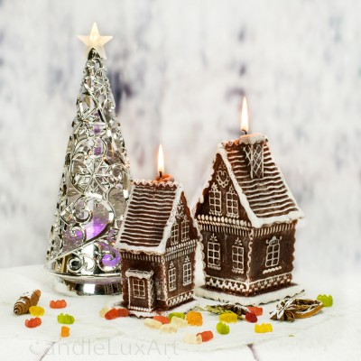 Kerzen Lebkuchenhaus rustik 3D Applikation mkit Duft Braun in 2 Größen