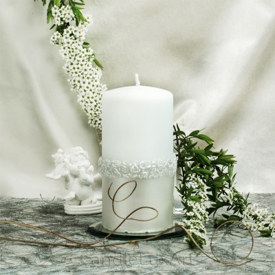 Stumpen Kerzen Rosenkranz Perlmutt weiß 7x14cm