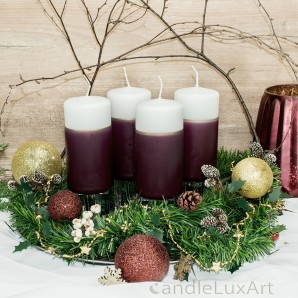 Set2 - 4x Stumpen Kerze Bordo-Weiß - 12cm mit Goldstreifen