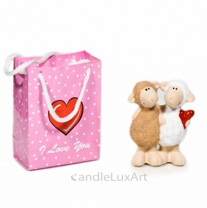 Keramik Schaf Paar Love mit Herz und Tasche - 10cm