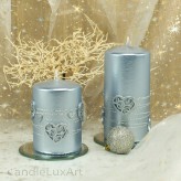 Stumpen Kerzen Perlmutt mit Herzen 7x10 und 7x14cm Silber