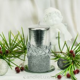 Stumpenkerze 7x14cm Hochglanz Metallic Sternenmuster Silber
