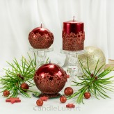 Stumpen Kugel Kerzen Hochglanz Metallic Sternenmuster Rot