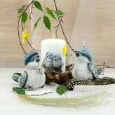 Stumpen und 2 Figur Kerzen Vogel 3D Applikation weiß